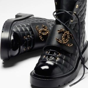Chanel Lace Up Calfskin & Shiny Calfskin Leather Boots
